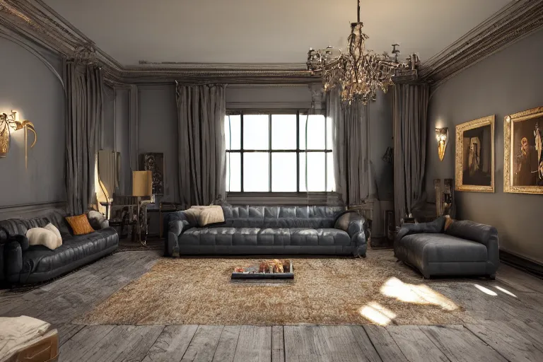 Prompt: ultra wide - angle photography of rich man's house, leather sofa, chandelir, hunting trophies, octane render, darkslategray wall, ultra details, interior design, 8 k