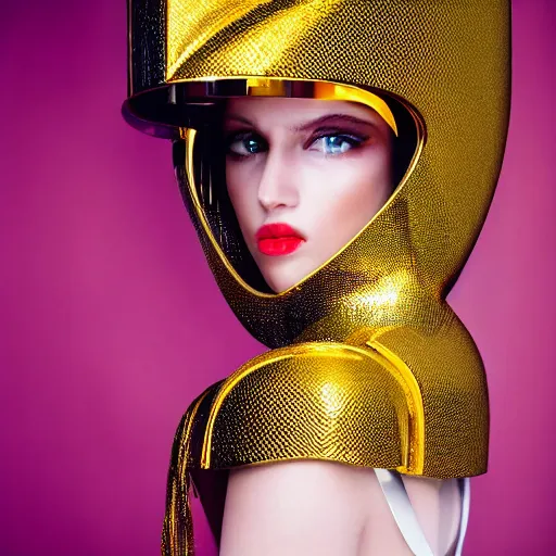 Image similar to close up of a female fashion model in year 3000 in art-deco entrance hall, model wearing a huge surreal Avant-garde helmet in gold, photography , official Versace editorial , highly detailed