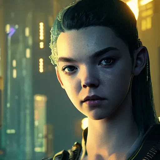 Image similar to Anya Taylor-Joy I'm cyberpunk 2077 unreal engine 5 4k volumetric lighting hyperdetailed photorealism HDR