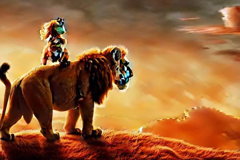 Image similar to simba ( from the lion king ), heavily armed and armored facing down armageddon in a dark and gritty version from the makers of mad max : fury road : witness me