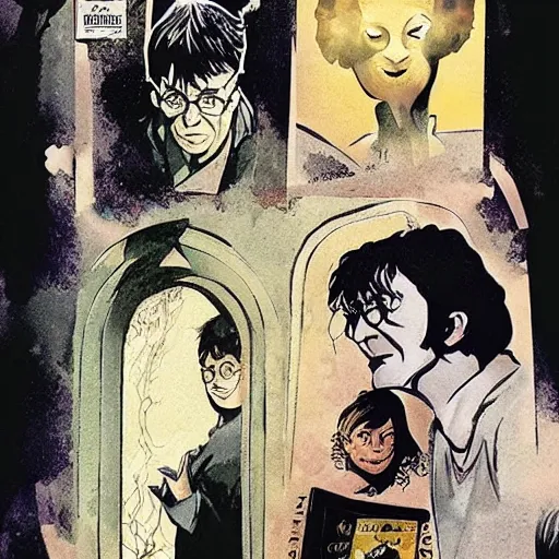 Prompt: in one frame Harry Potter with Sandman in The Sandman comic, beautiful faces, by Neil Gaiman, by Dave McKean, comics Sandman, small details, clear faces, high detail