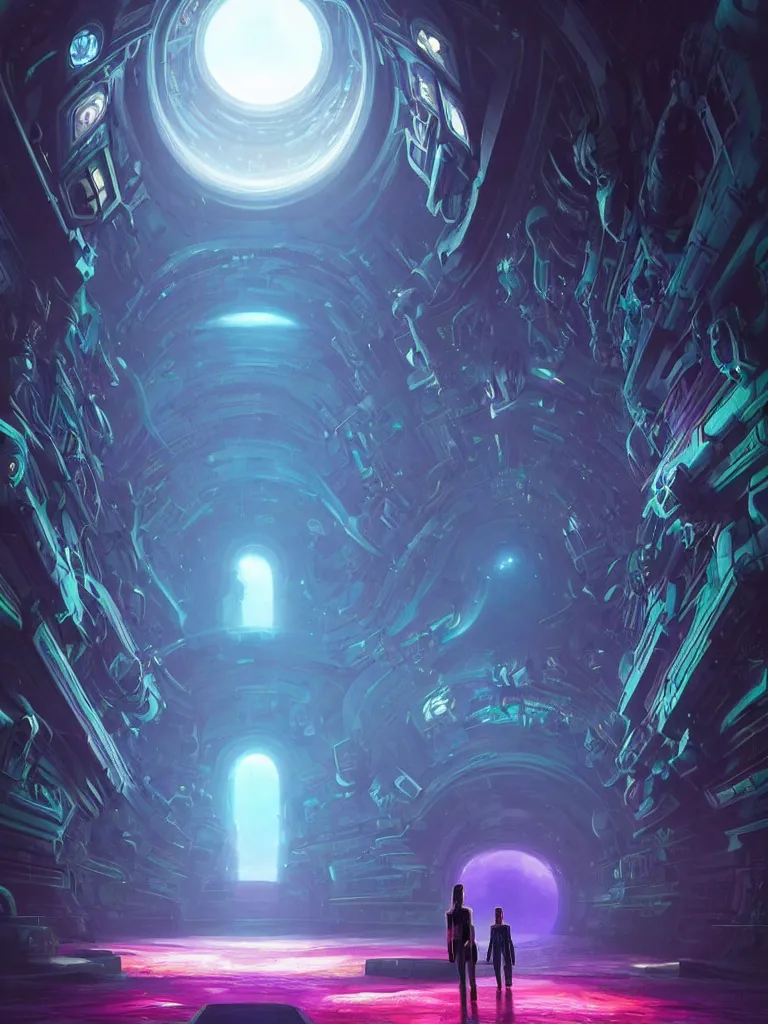 Image similar to entrance to ethereal realm, humans and robots, rendered in unreal engine, central composition, symmetrical composition, dreamy colorful cyberpunk colors, 6 point perspective, fantasy landscape with anthropomorphic!!! terrain!!! in the styles of igor morski, jim warren, and rob gonsalves, intricate, hyperrealistic, volumetric lighting, big sky, distinct horizon