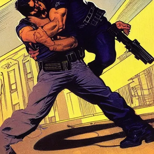 Image similar to The punisher putting a cop in a headlock. Concept art by James Gurney, Alphonso Mucha. Vivid color scheme.