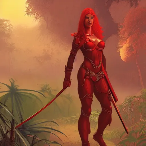 Image similar to warrior princess with red armor walking through a jungle, moebius, Jean Giraud, landscape, epic, artstation, dusk