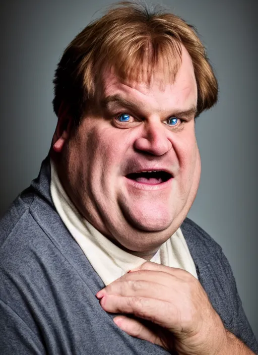 Image similar to DSLR photo portrait still of 58 year old age 58 Chris Farley at age 58!!!, 85mm f1.8