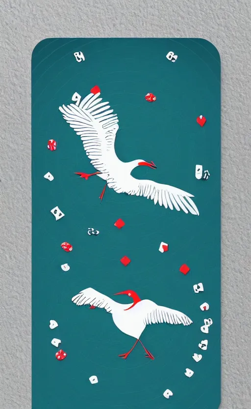 Prompt: poker game card design, simple, modern style, solid colors, japanese crane bird in center, pines symbol in the corners, vivid contrasts, designed by junior cards, kickstarter