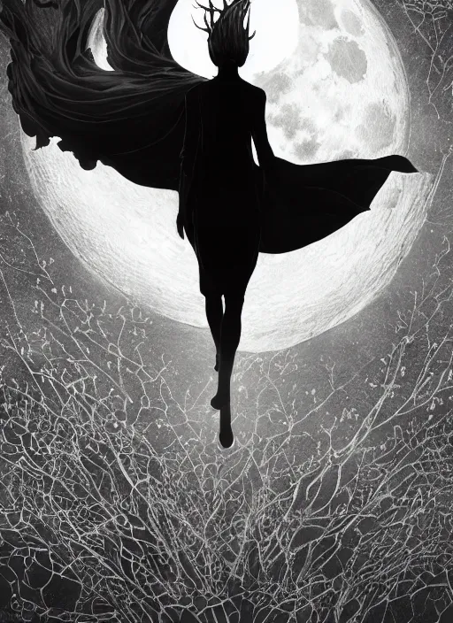 Image similar to at the top: symmetrical centered portrait of Anna Millerstone as a Dark evil witch, big moon in the background, at the bottom: empty space, dramatic lighting, book cover illustration by Greg rutkowski, yoji shinkawa, 4k, digital art, concept art, trending on artstation, golden silver elements, empty grey space at the top, flower elements