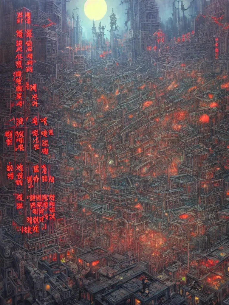 Image similar to realistic detailed image of Horror Machine Consuming A city by Hou Yimin, Dan Howard, Allan Houser, Alice Hunt and Peter Hurd, Neo-Pagan, rich deep colors. Painting by Byun Shi Ji and Jiang Feng masterpiece