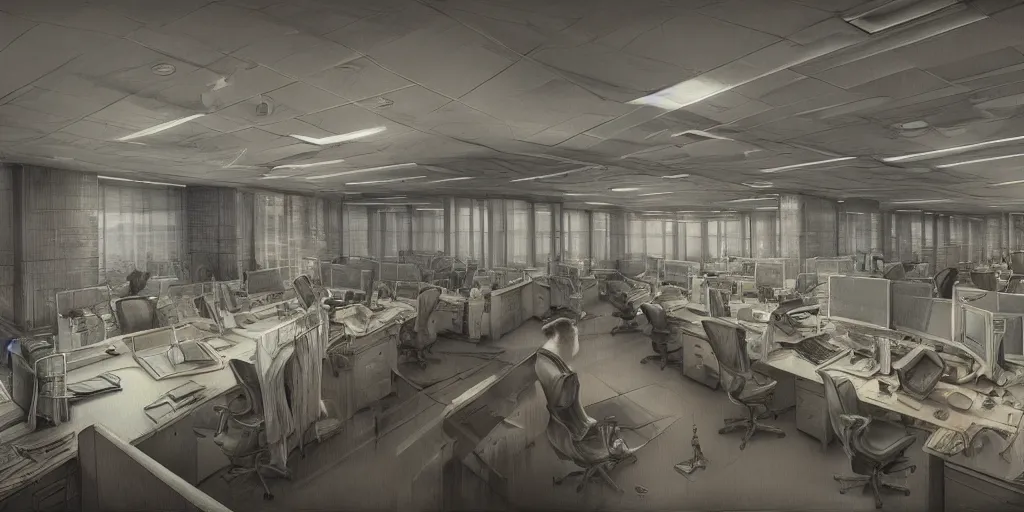 Image similar to endless office by alan lee, intricate, highly detailed, digital painting, artstation, concept art, smooth, sharp focus, illustration, vfx