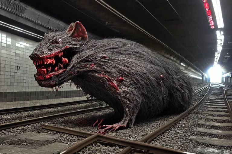 Image similar to very large giant mutant zombie irradiated ( angry rat ) staying on railways in tonnel of moscow subway. tonnel, railways, giant angry rat, very realistic. extreme long shot, low dark light, anish kapoor, herman nitsch, giger.