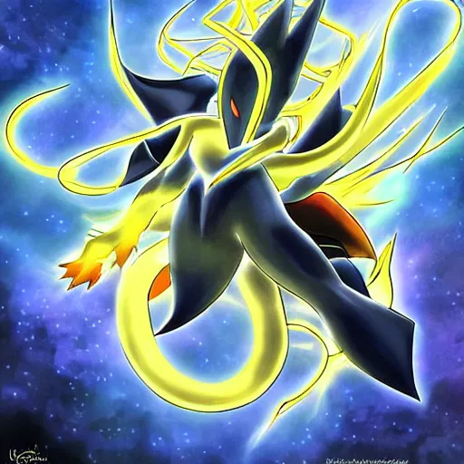 Image similar to a mashup between Arceus (from Pokémon) and Giratina (from Pokémon), ultra detailed, Beautiful digital art illustration by Ken Sugimori