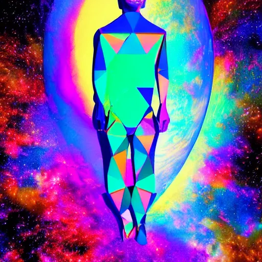 Prompt: the universe folded into the shape of a male figure, space, colorful, digital art