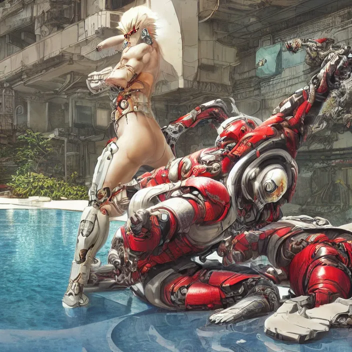 Prompt: a scene from akira, fractal cyborg ninja sitting by the pool, highly detailed, photorealistic, octane render, 8 k, unreal engine, art by todd mcfarlane, artgerm, greg rutkowski, alphonse mucha