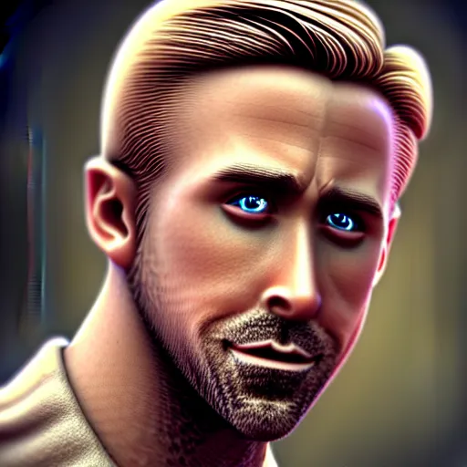 Image similar to A beautiful hyper realistic ultra detailed lifelike cinematic still of Ryan Gosling holding a cute caracal, unreal engine, deviantart, flickr, artstation, octane render, textured, colorful, extreme realistic detail, physically based rendering, pbr render, very detailed, volumetric lighting, detailed lighting, octane render, 4k, cinematic lighting, 8k resolution