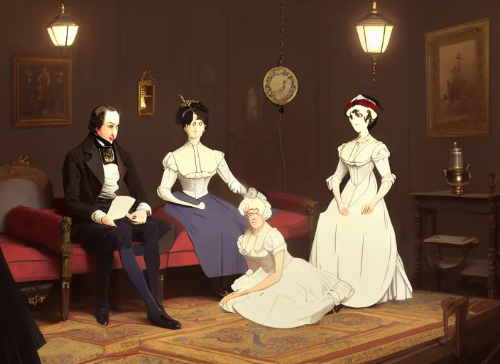 Image similar to victorian britain 1 8 3 6, wealthy couple william and fanny nightingale entertain numerous guests in english victorian manor, adolecent florence nightingale reciting poetry, lamp light, finely detailed perfect art, gapmoe yandere grimdark, trending on pixiv fanbox, painted by greg rutkowski makoto shinkai takashi takeuchi studio ghibli