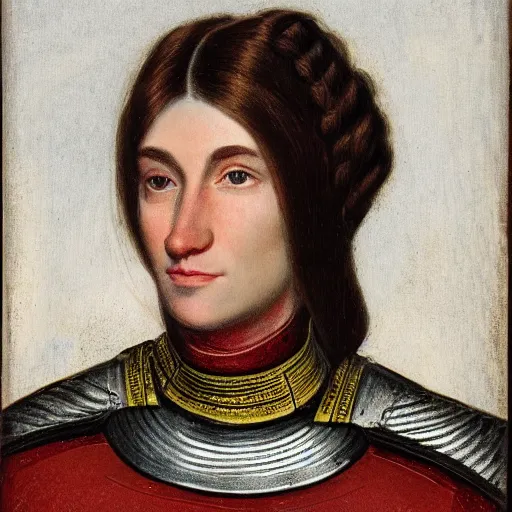 Prompt: head and shoulders portrait of a female knight