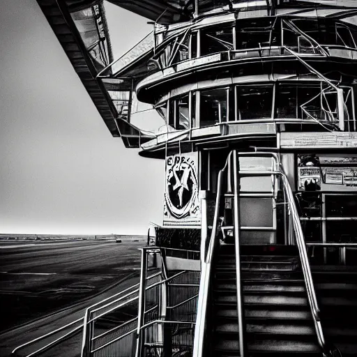 Image similar to aircraft control tower looking out to an airport, black and white, comic book style, insanely detailed, very intricate, high contrast