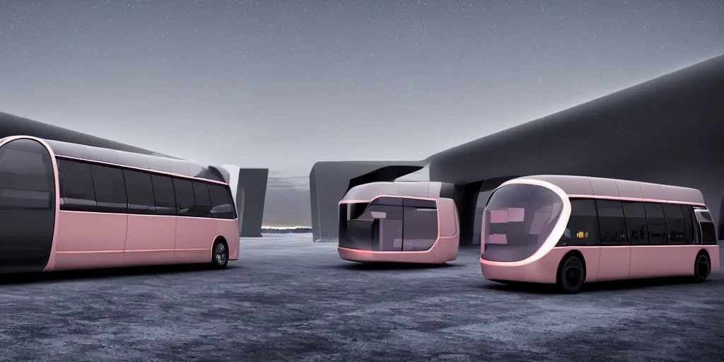 Prompt: a design of a futuristic bus, designed by Polestar and DMC, northern lights background, brushed rose gold car paint, black windows, dark show room, dramatic lighting, hyper realistic render, depth of field