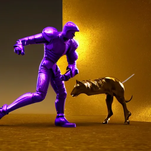 Image similar to gold knight fighting purple cougar, 3d render, honorable, cinematic, sharp