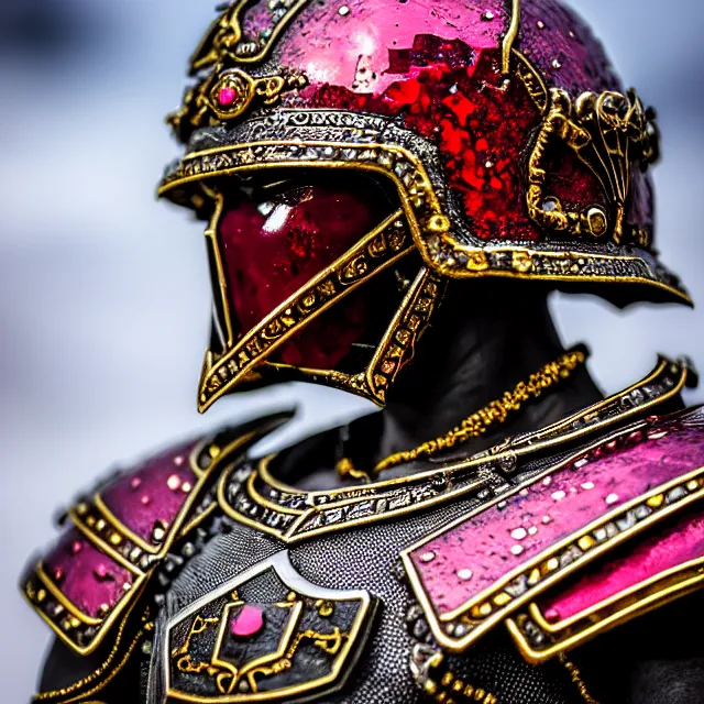 Prompt: photo of a beautiful! warrior with ruby encrusted armour, highly detailed, 8 k, hdr smooth, sharp focus, high resolution, award - winning photo, dslr, 5 0 mm