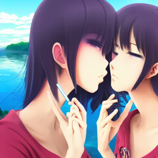 Image similar to two beautiful lesbian girls in love, smoking a weed joint with smoke, sitting in front of a lake, in the style of anime, close - up, highly detailed face, 4 k, artstation, intricate, elegant, highly detailed, lush, stylized, japanese, smooth