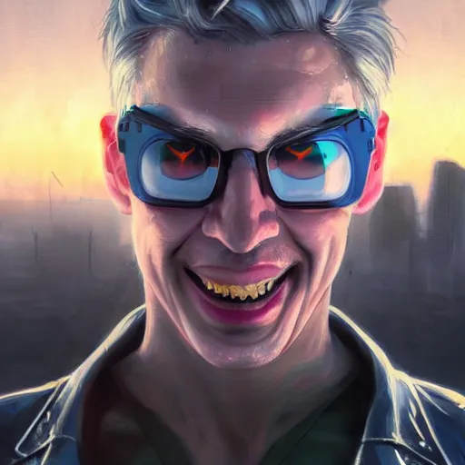 Image similar to cyberpunk, closeup portrait of a cyberpunk entertainer, blond hair, grey eyes, sadistic smile, delicate jaw, hologram, dramatic light, city background, sunset, dystopian setting, high contrast, sharp, neuromancer, peter riviera, painted by stanley lau, painted by greg rutkowski, painted by stanley artgerm, digital art, trending on artstation