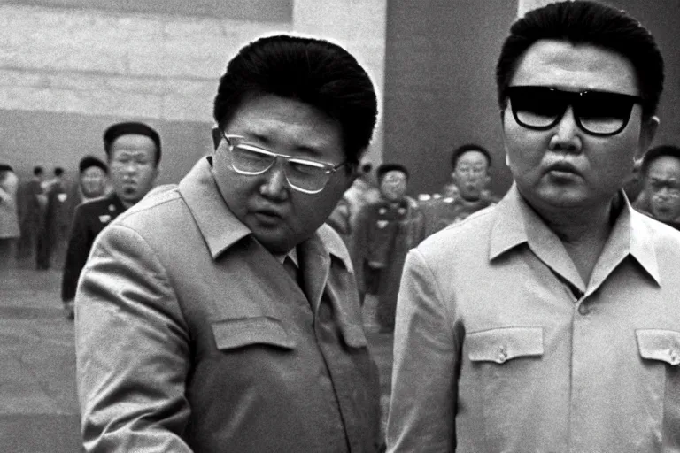 Image similar to a filmstill of Kim Jong-il looking at Starro Kaiju monster destroying Pyongyang, in Stalker (1979) by Andreï Tarkovski, traditional Korean city, palace, epic ultrawide shot, cinémascope