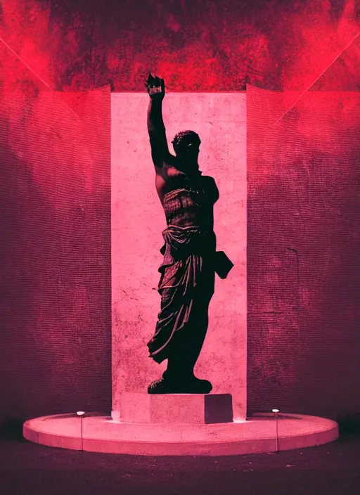 Image similar to black background with subtle red and purple design elements, statue of julius caesar, nekro, modern design, collage art, thin lines, dark, glitch art, neo vaporwave, gritty, layout frame, trending on artstation