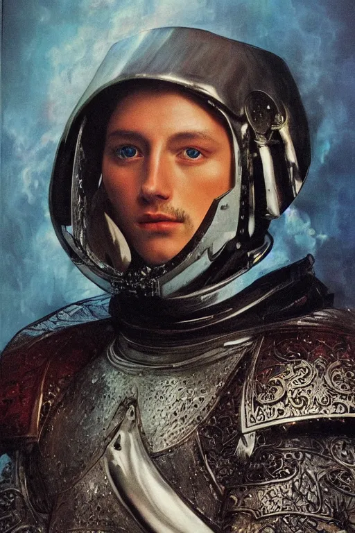 Image similar to hyperrealism oil painting, close - up portrait of caucasian medieval fashion model, knight, steel gradient mixed with nebula sky, in style of baroque mixed with 7 0 s japan book art