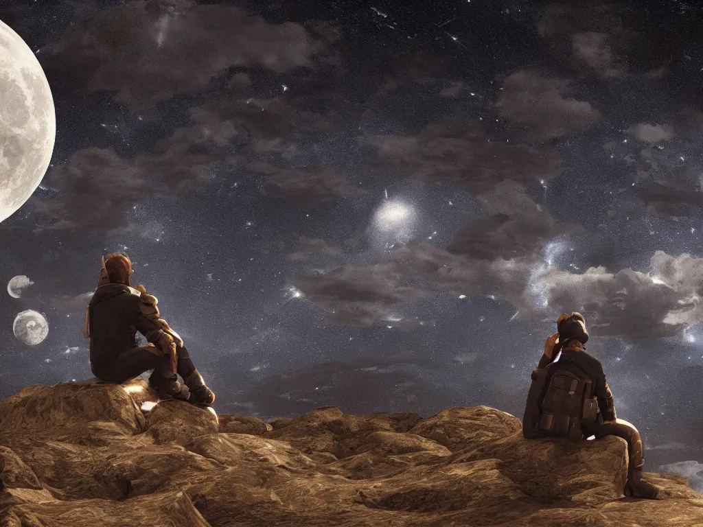 Image similar to A man sitting on the first quarter moon surrounded by a starry night sky, hdr, ue5, unreal engine 5, cinematic 4k wallpaper, ultra detailed, high resolution, artstation, award winning.