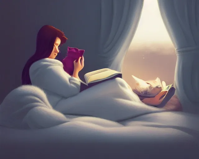 Prompt: a realistic beautiful warm matte painting of a woman curled up with a blanket reading a good book next to her friendly cat who is purring with eyes closed. they are both sitting next to a window as the sun sets in winter, by ilya kuvshinov, crisp, detailed, trending on artstation