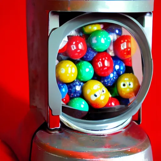 Prompt: gumball machine full of eyeballs instead of gumballs