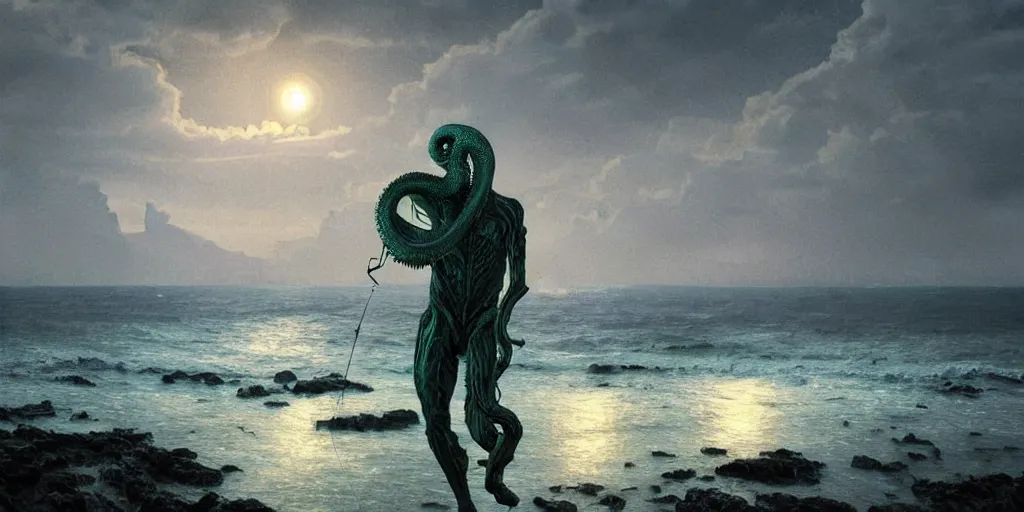 Image similar to landscape view on an old fishing village at night, a fit humanoid tentacled monster emerging from the ocean, night colors, high - key lighting, beautiful composition, intricate, gradient from green to black, pro photography by, highly detailed, digital painting, art by artgerm and greg rutkowski and alphonse mucha, smooth, sharp focus illustration