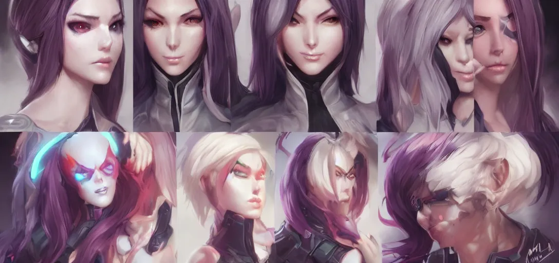 Prompt: concept art of female video game characters head designs, demonic, unique hairstyles, overwatch by marc brunet and artgerm