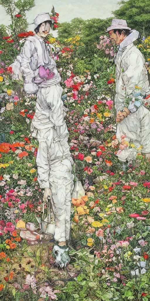 Image similar to oil painting scene from gardeners in the flower garden by kim jung gi