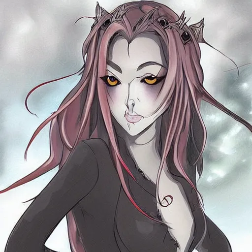 Prompt: female vampire queen character concept art, anime style, many details, pretty face, atmospheric and cinematic