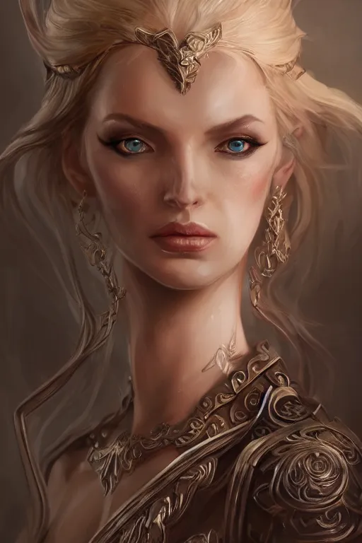 Prompt: three-quarters portrait pose of a beautiful woman, slim body, shining armor, elf warrior, fantasy, intricate, elegant, highly detailed, digital painting, artstation, concept art, matte, sharp focus,D&D, illustration, art by Stanley Lau