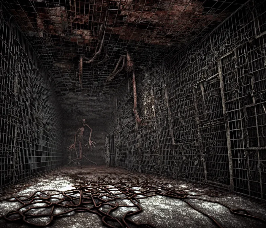 Prompt: creepy huge suffering humanoid with long limbs sits. an underground very dark gloomy multi - layered structure of rusty thick iron grates, dense chain - link fencing and peeling walls. inside view, collapsed floors, bent rusted iron, masterpiece, black background, corners, cinematic, hyperdetailed, photorealistic, hyperrealism, octane render, shadows