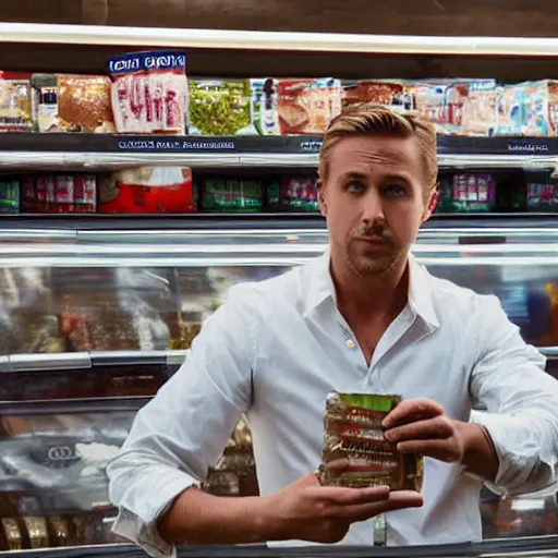 Prompt: ryan gosling at a grocery store counter, holding milky way candy bars, hidden camera photo, photograph, hyperrealistic, 8k resolution