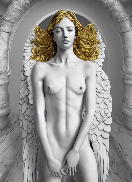 Image similar to a statue made of white marble with gold veins, of an beautiful gorgeous angel girl, full body shot, perfect symmetrical body, perfect symmetrical face, no eyes, hyper realistic, hyper detailed, fujicolor superia 1 6 0 0 photo, by johannen voss, by peter kemp, by monia merlo, by michelangelo octane render, blender, 8 k