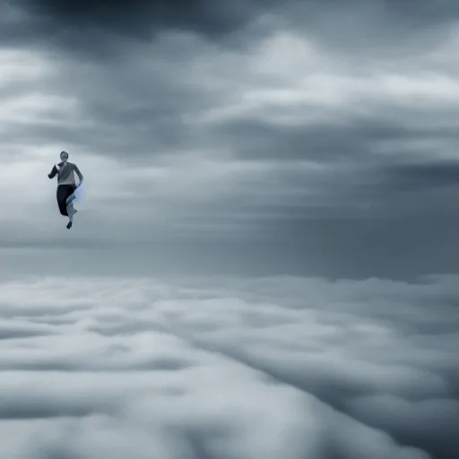 Prompt: running on clouds, 4k, post-processing, dramatic, intense moment