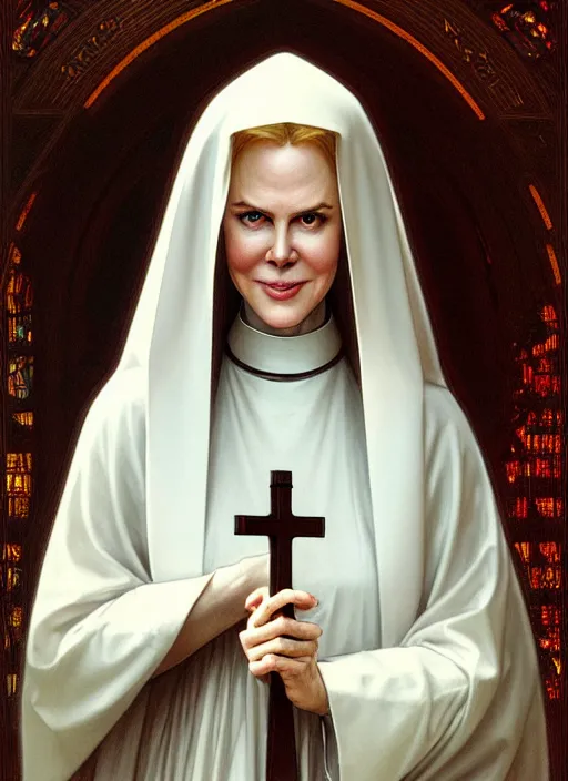 Image similar to portrait of nicole kidman as a nun, catholic, church, bible, christian, intrigante, headshot, highly detailed, digital painting, artstation, concept art, sharp focus, cinematic lighting, illustration, art by artgerm and greg rutkowski, alphonse mucha, cgsociety