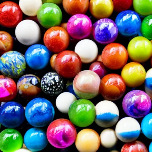 Image similar to a bowl full of coloured marbles top down view
