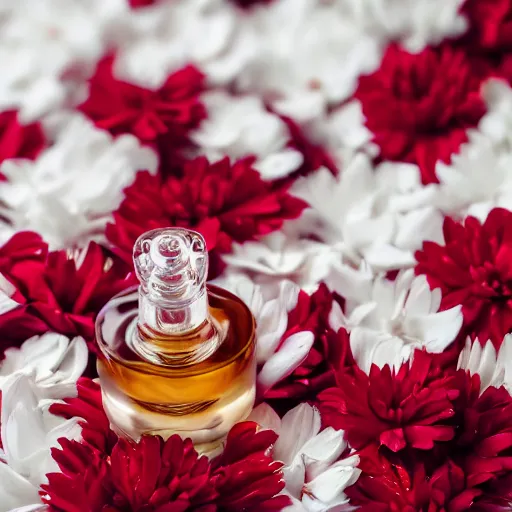 Image similar to perfume bottle sitting on a white surface surrounded by a plethora of red and white flowers, bright white realistic, up close shot, white background, zen, light, modern minimalist f 2 0