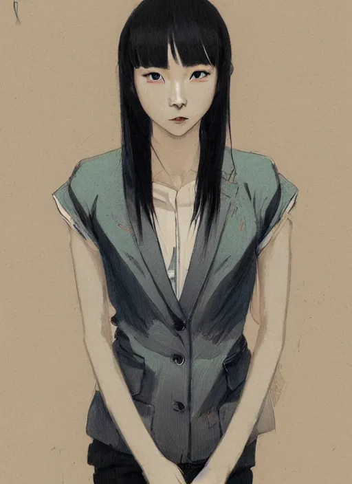 Prompt: a full - body portrait of a young japanese woman standing in tokyo street, confident pose, intricate, elegant, sharp focus, illustration, highly detailed, concept art, matte, trending on artstation, anime, art by james jean and artgerm and brian despain and alberto mielgo, greg rutkowski, wlop, ilya kuvshinov, strong strokes