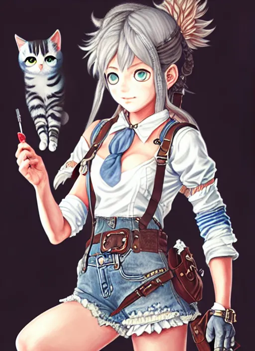 Image similar to a portrait of catgirl wearing white vest, and denim shorts an ultrafine detailed painting, detailed painting, detailed eyes, octopath traveler