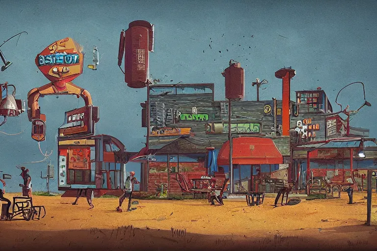 Image similar to mid - thirties guys binge drinking and fishing, in the style of simon stalenhag