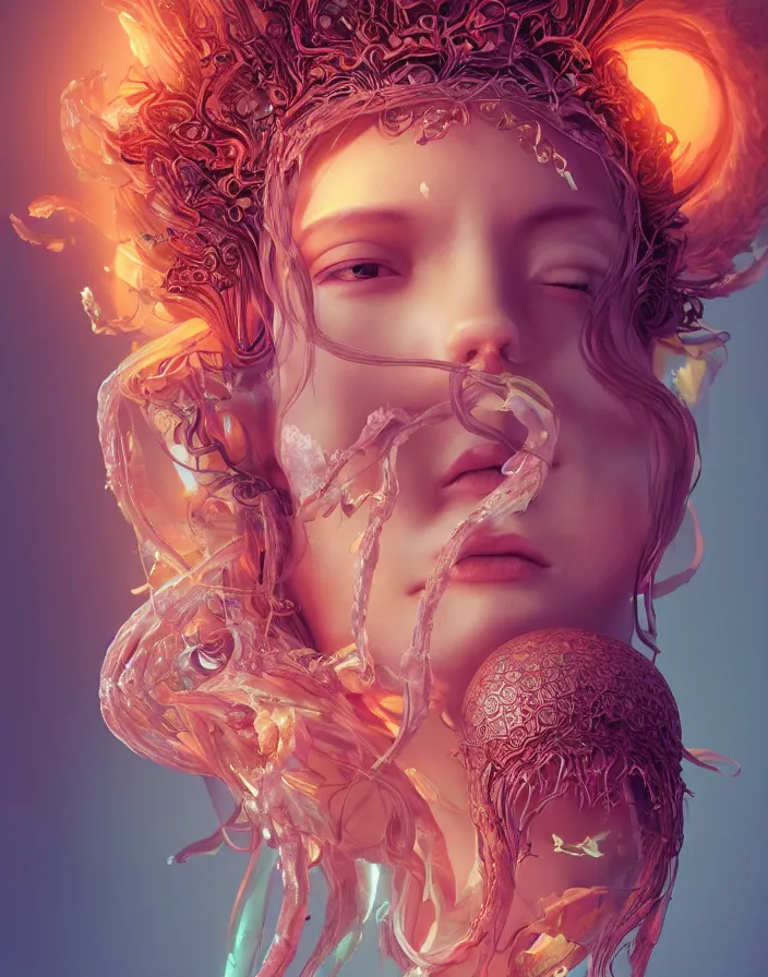 Image similar to goddess portrait. jellyfish phoenix head. intricate artwork by Tooth Wu and wlop and beeple. octane render, trending on artstation, greg rutkowski very coherent symmetrical artwork. cinematic, hyper realism, high detail, octane render, 8k