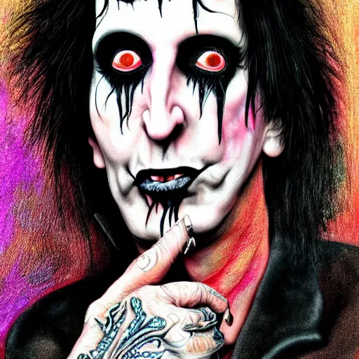 Prompt: an extremely psychedelic portrait of alice cooper as marilyn manson, surreal, lsd, face, detailed, intricate, elegant, lithe, highly detailed, digital painting, artstation, concept art, smooth, sharp focus, illustration,