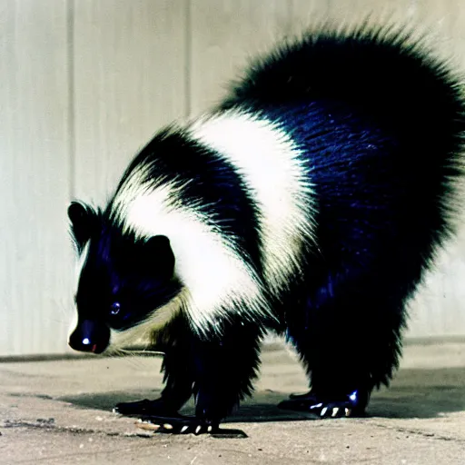 Image similar to a skunk wearing everyday human clothing, film still